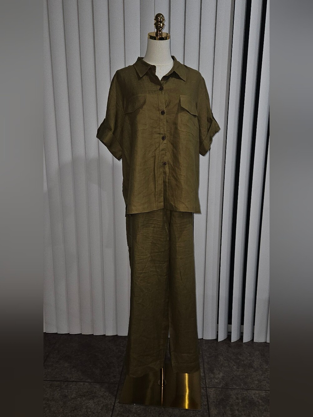 Caribbean Joe Olive Green Two-Piece Linen Pants & Button-Up Set